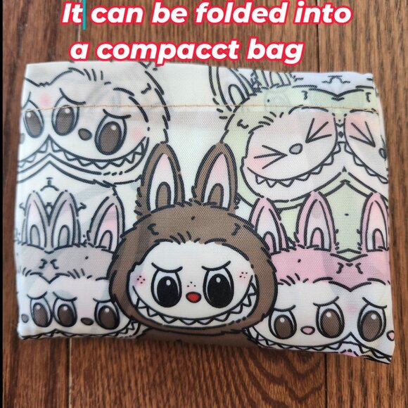 Labubu Grey Foldable Reusable Shopping Bag with Small Pouch – Nylon - Picture 13 of 13